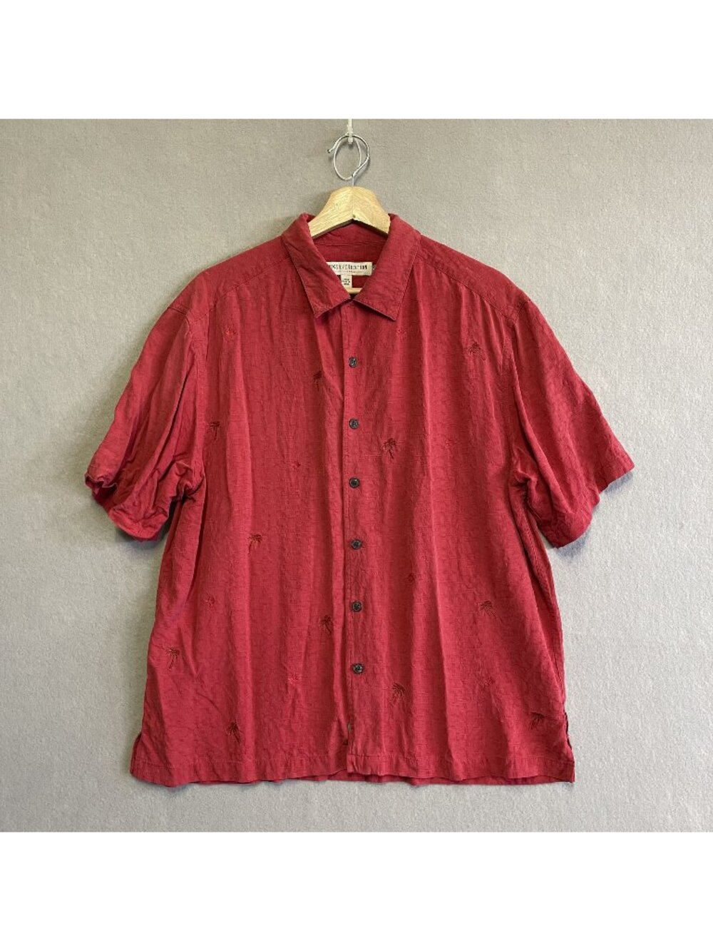 QuikSilver Edition Premium Silk Red Short Sleeve Shirt Palm Trees Hawaiian L